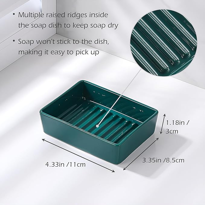 Green Soap Dish，Ceramic Soap Dishes for Sink Bathroom Shower Kitchen, Easy to Clean Keeps Soap Dry, Multi-Purpose Non-Slip Soap Tray (Dark Green)