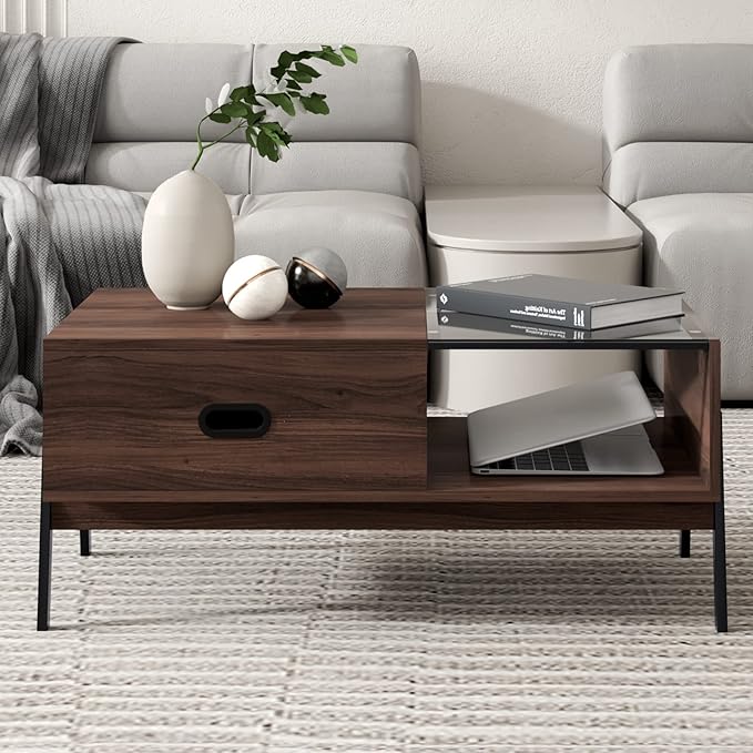 soges Coffee Table, Brown Lift Top Coffee Table with Storage, Coffee Table with Lift Top, Rustic Wood Raisable Top Central Table for Living Room