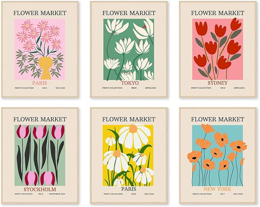 Flower Market Poster Set of 6, Vintage Flower Market Wall Art Prints, Abstract Colorful Floral Wall Art Decor, Minimalist City & Flower Canvas Painting Pictures for Aesthetic Room, Bedroom, Living Room, Gallery, Boho Room Decor（8x10inch, Unframed)