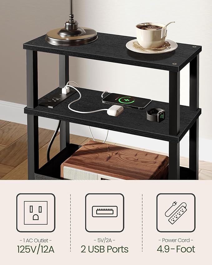 Small Narrow Side Table with Charging Station, Skinny End Table with Fabric Basket, Slim Nightstand for Small Spaces, Sofa Side Table, for Living Room, Bedroom, Black TBZ07UBB