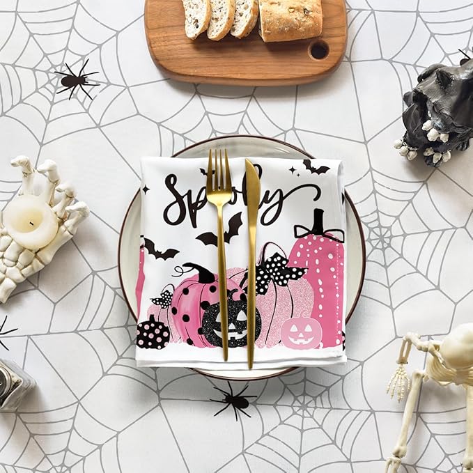 Horaldaily Halloween Tablecloth 70×70 Inch Round, Jack-O-Lantern Pumpkin Cobweb Scary Themed Pink Washable Table Cover for Party Picnic Dinner Decor