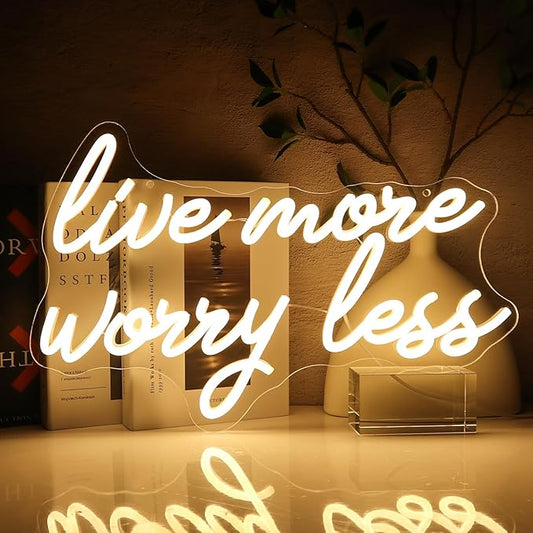 Live More Worry Less Neon Sign for Wall Decor, Warm White Led Signs for Room, USB Dimmable Neon Lights for Bedroom Home Living Room Party Cafe Business Pub Motivational Wall Art