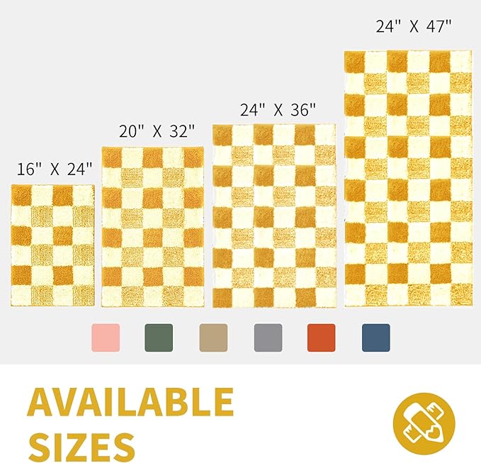 CozeCube Checkered Bath mats Non Slip, Fluffy Absorbent Microfiber Runner Bath mat Washable, Aesthetic Bathroom Rugs, Long Bath mat for Bathroom Floor, Harvest Gold, 47"X24"