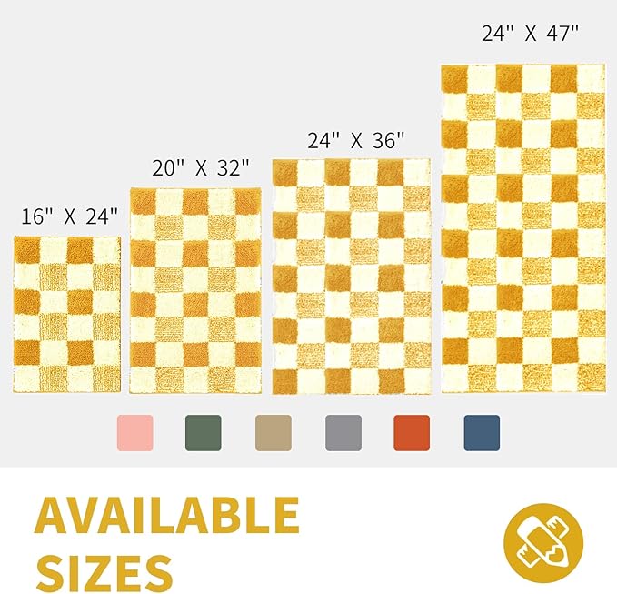 CozeCube Checkered Bath mats Non Slip, Fluffy Absorbent Microfiber Bath mat Washable, Aesthetic Bathroom Rugs, Large Bath mat for Bathroom Floor, Tub and Shower, Harvest Gold, 36"X24"