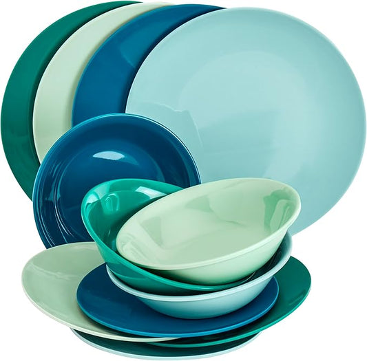 Tabletops Gallery 12 Piece Green Teal Blue Melamine Dinnerware Set Plates Bowls for Indoor Outdoor Use, Service for 4, Peacock