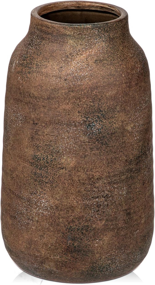 Briful 11in Rustic Ceramic Vase, Brown Vintage Flowers Vase, Extra-Large Rustic Farmhouse Vase, Whitewashed Terra Cotta Vase, Antique Pottery Pampas Vase for Home Living Room Kitchen Mantel Decor