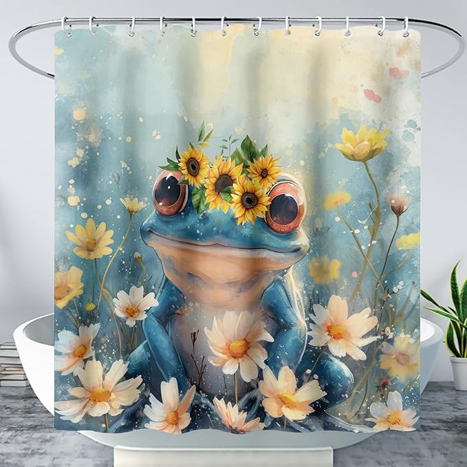 AILONEN Cartoon Frog Shower Curtain,Blue Frog with Sunflowers Polyester Cloth Bath Curtain Set for Kids Boys Girls,Amphibious Animals Shower Curtains for Bathroom,48" W*72" H