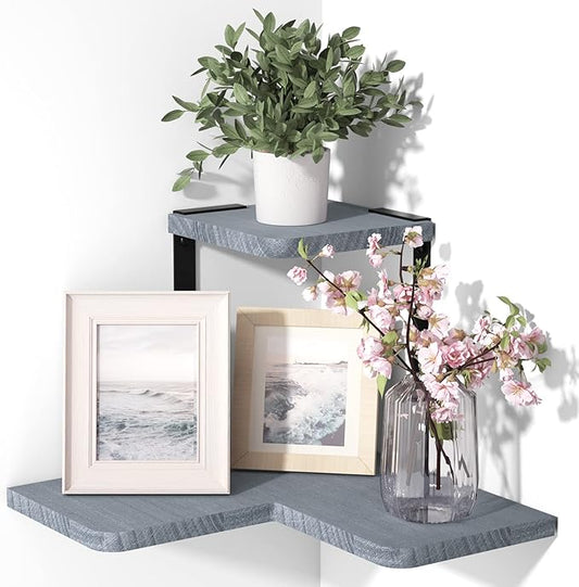 SRIWATANA Rustic Corner Shelf, 2-Tier Wood Wall Shelf, Wall Mounted Storage Shelves for Bedroom, Living Room, Bathroom, Weathered Grey