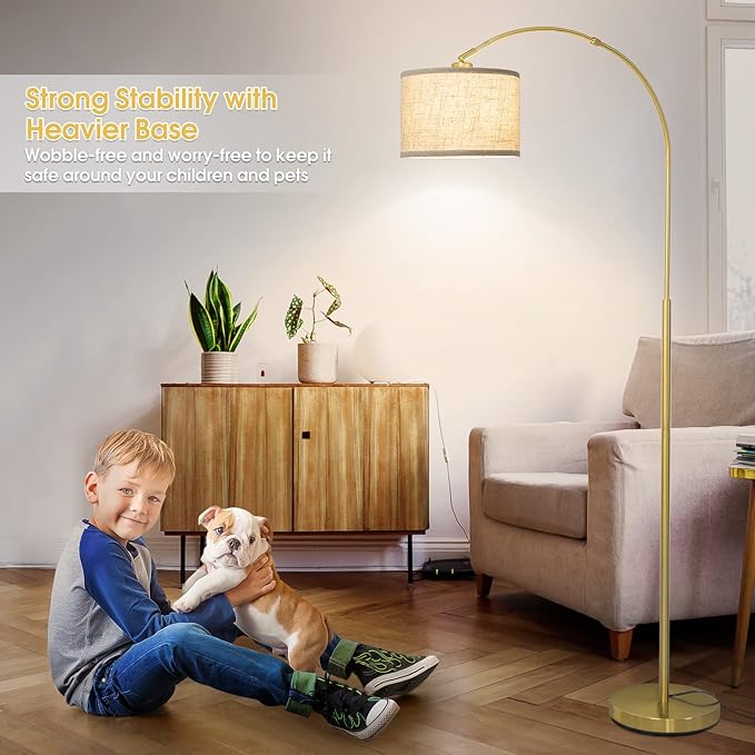 Gold Floor Lamp, Arc Floor Lamp for Living Room with Adjustable Drum Lampshade, Modern Tall Standing Lamp with On/Off Foot Switch, Over Couch Arched Reading Light for Reading, Bedroom, Office