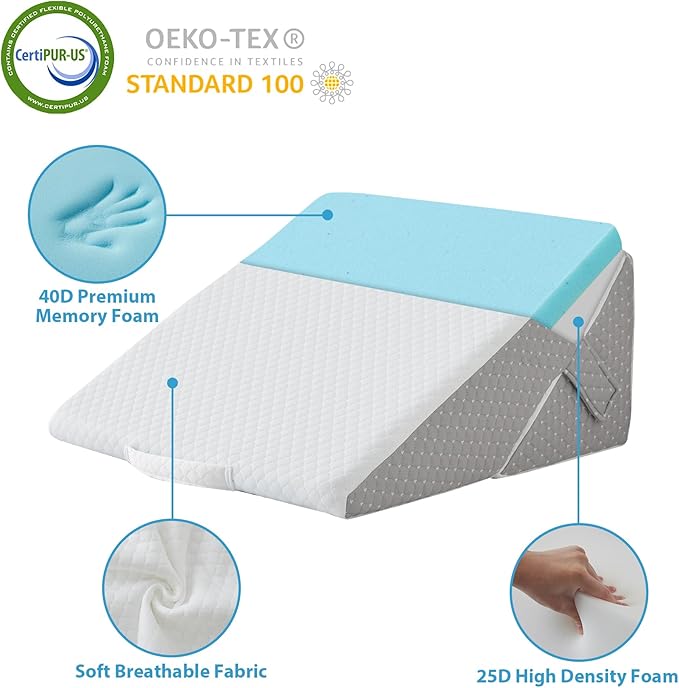 Bed Wedge Pillow for Sleeping, 9 & 12 Inch Adjustable Wedge Pillow for Back Pain Relief, 7-in-1 Memory Foam Triangle Pillow Wedge for Post Surgery, Acid Reflux, GERD, Snoring, White/Grey
