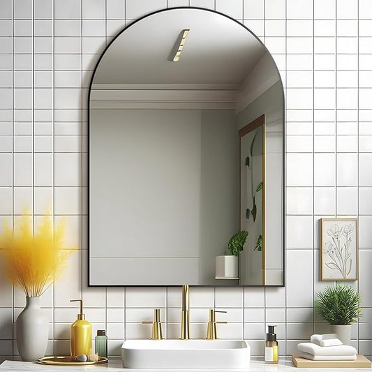 Black Arched Bathroom Mirror 24"X36" Black Arched Mirror Wall Mounted Mirror Modern Farmhouse Mirror Vanity Curved Arch Hanging Mirror Frosted Metal Frame for Bedroom Living Room DéCor