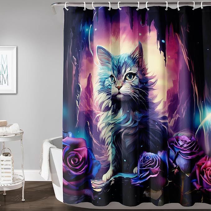 AILONEN Cool Cat Shower Curtains,Purple Rose Cat Bath Curtains for Bathroom Decor,Cave Cat Curtains for Kids,36" W*72" H Polyester Waterproof with Plastic Hooks