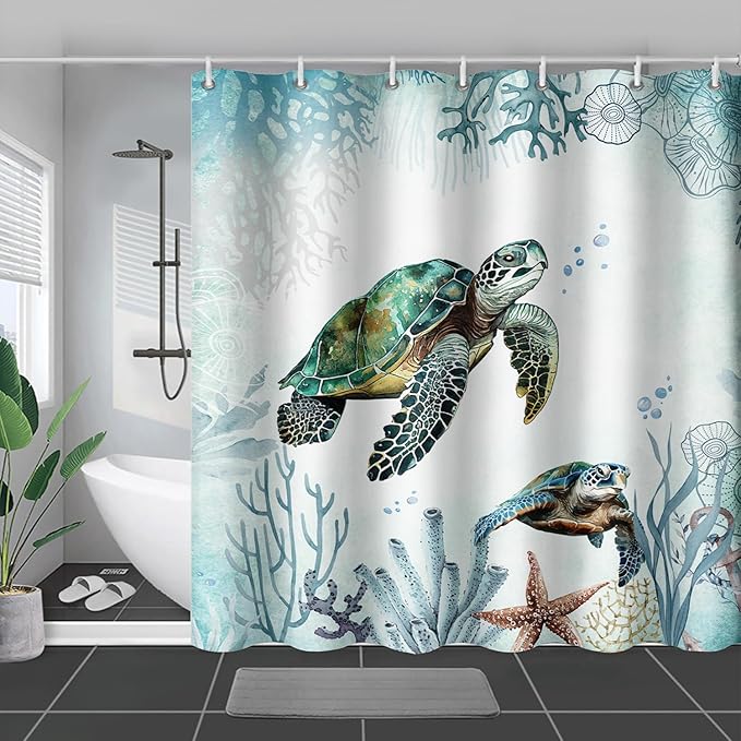 AILONEN Sea Turtle Shower Curtain for Bathroom Teal Blue Ocean Beach Coastal Bath Curtain Decor 72" W*72" H Polyester Fabric Waterproof Bathroom Curtain with 12 Hooks