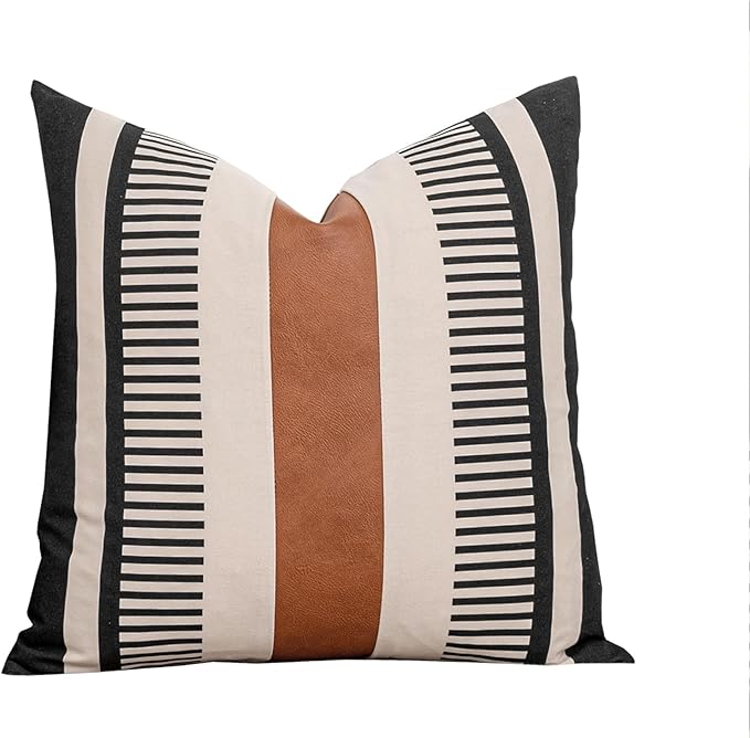 Farmhouse Stripe Pillow Cover 18x18 Boho Accent Cushion Case Faux Leather Decorative Pillowcase,Black and Beige (Cover ONLY, Pack of 1)