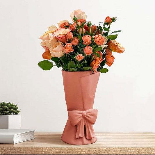 Pink Ceramic Bow Vase 9.64 in Unique Cute Modern Decorative Bouquet Flower Vases for Home Living Room Table Decor Women Girl Gifts