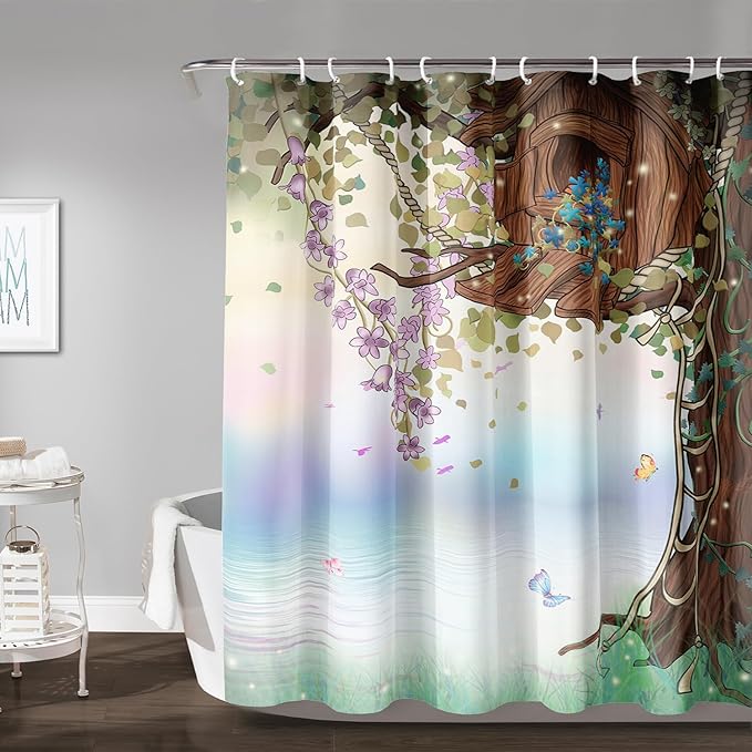 AILONEN Yellow Tree Leaves Shower Curtain,Botanical Floral Plants Vine Shower Curtain,Butterfly Floral Shower Curtain for Bathroom Decor Polyester Waterproof with Grommets and Hooks 72" W*78" H
