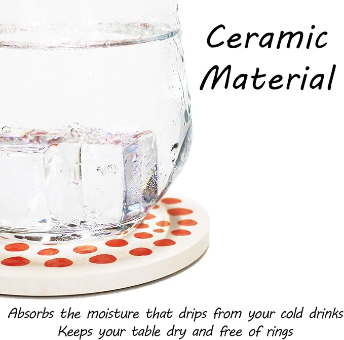 AD Set of 6 Coasters for Drinks Absorbing Round Ceramic Stone Coaster with Cork Base Tabletop Protection Mat for Mugs and Cups,Office,Kitchen (Coral Watercolor with Holder)