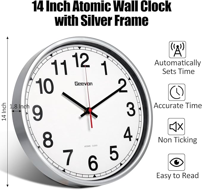 Geevon Atomic Wall Clock 14 Inch, Atomic Analog Wall Clocks Battery Operated, Large Digits Atomic Clock for/School/Classroom/Bedroom/Living Room/Office (Silver Frame)