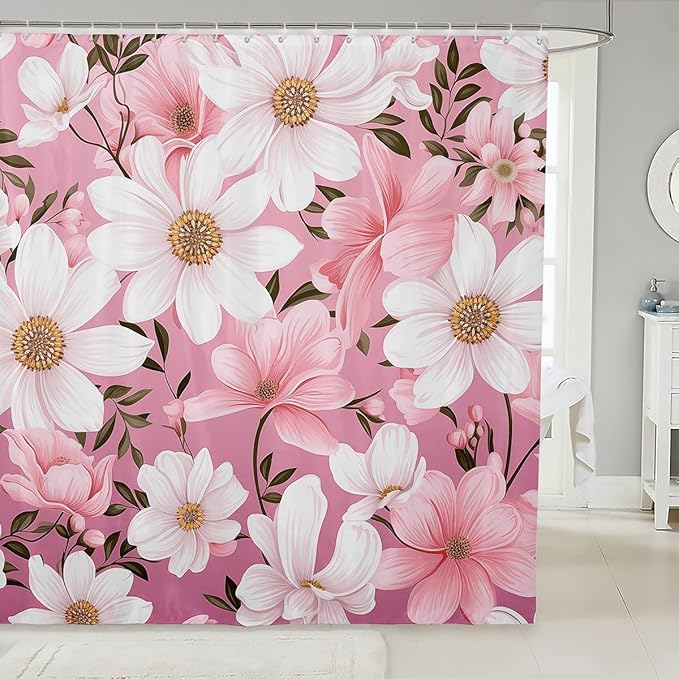 Feelyou Flower Fabric Shower Curtain for Kids Boys Girls Pink Floral Bathroom Waterproof Accessories with 12 Hooks Flower Botanical Shower Curtain Nature Plants Curtains,72x84 Inches