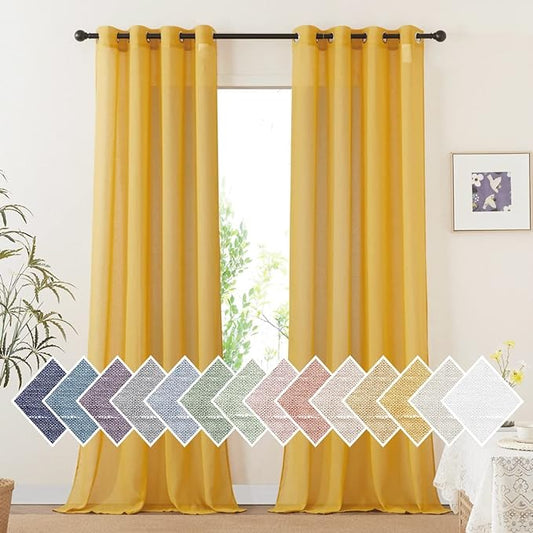 NICETOWN Semi Sheer Gold Curtains 96 inches Long, Grommet Linen Weave Vintage Vertical Drapes Privacy with Light Filtering for Living Room/Farmhouse, Citrine, 2 Panels, W52 x L96