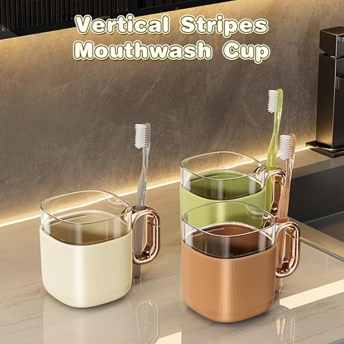 Mouthwash Cups with Hollow Out Handle, Toothbrush Holders, Mug for Mouth-Rinsing, Toothbrush Cups, Plastic Toothbrush and Toothpaste Organizer for Bathroom (Brown)