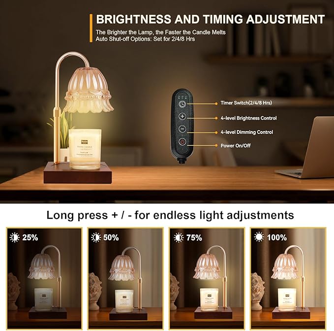 Candle Warmer Lamp with 3 Bulbs, Adjustable Height Dimmable Candle Warmer with Timer, Compatible with Large Jar Candles, Flower Candle Warmer with Charming Gift Box Ribbon(Light Brown)
