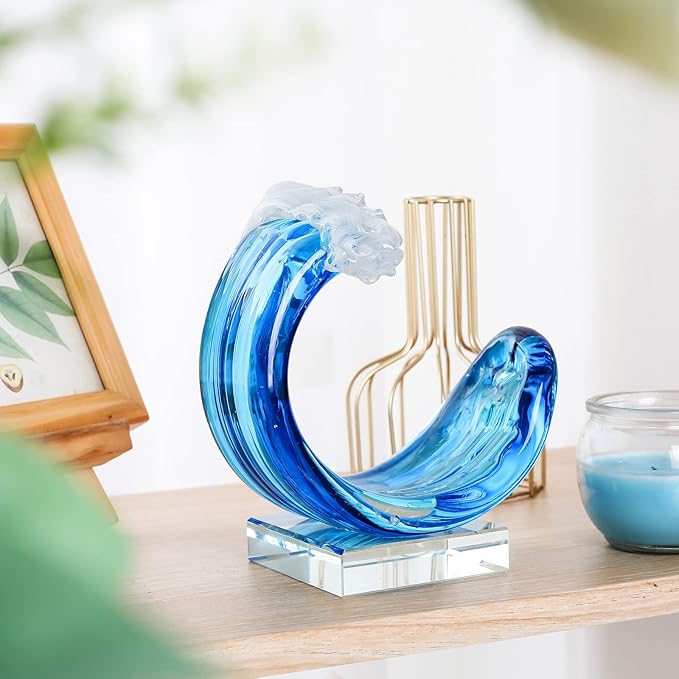 Hand-Blown Glass Wave Decor Murano-Style Glass Statue and Figurine