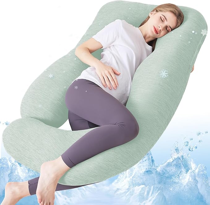 Sasttie Pregnancy Pillow Cooling, Cooling Pregnancy Pillow for Sleeping, Cooling Maternity Pillows for Pregnant Women, Pregnancy Must Haves U-Shaped Full Body Pillow with Cooling Cover, Green