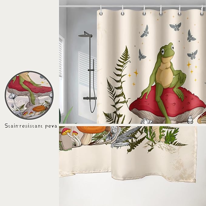 AILONEN Frog Mushroom Shower Curtain Cartoon Animal Wildlife Red Mushroom Boho Aesthetic Minimalist Modern Art Bathroom Decor 72" W*96" H Shower Curtains with 12 Hooks