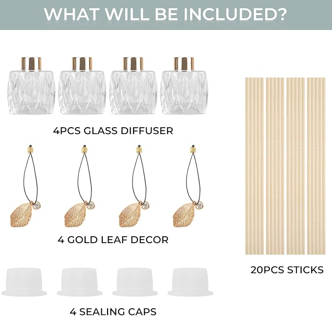 4Pcs Reed Diffuser Set with Metal Golden Decoration, 3.5oz Empty Reed Diffuser Bottles with 20Pcs Reed Diffuser Sticks, Unique Design Bottles for Home and Office(Prismatic)