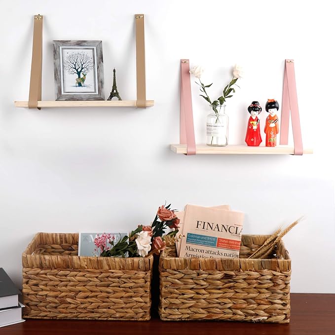 Leather Strap Wood Floating Wall Shelf Wooden Shleves Wall Organizer Wall Mount Shelf Home Decor Kitchen Living Room Bedroom(Pink Set of 2)