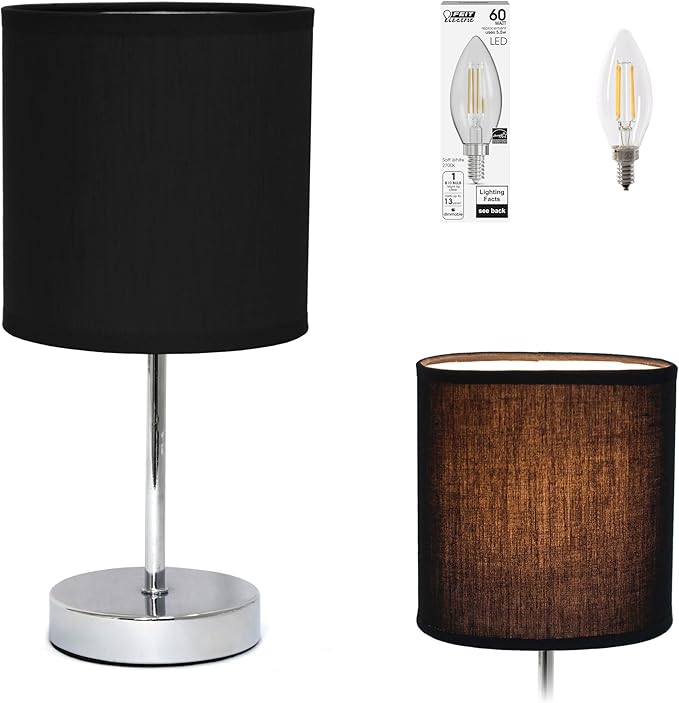 Simple Designs LT2007-BLK-LB Basic Chrome Mini Table Lamp for Living Room, Nightstand, Desk, Countertop, Black, with Feit LED Bulb Included