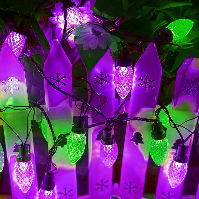 KAQ 2PK 100LED Purple and Green C9 Halloween Lights Waterproof Indoor Outdoor, Extendable 98FT String Lights Plug in with 13 Lighting Modes, Halloween Decorations for Party Patio, Outside Yard Decor