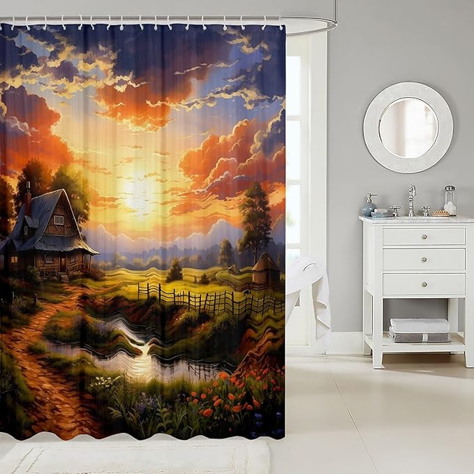 Feelyou Western Farmhouse Fabric Shower Curtain Kids Farmhouse Bathroom Waterproof Accessories with 12 Hooks for Boys Girls Sunset Shower Curtain Nutrue Theme Curtains,72x78 Inches