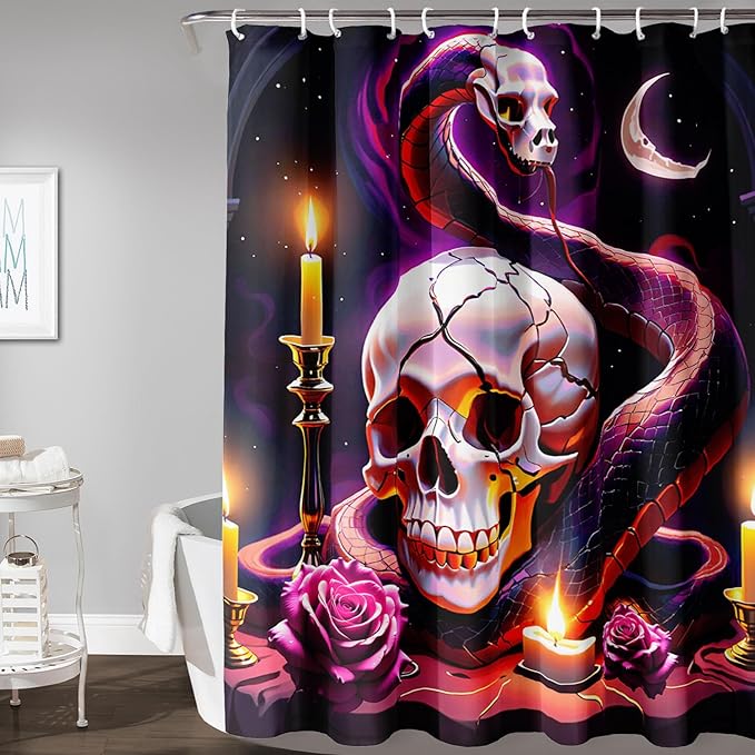AILONEN Gothic Skull Shower Curtain for Bathroom,Terror Snake Skull Bath Curtain Decoration,Starry Skull Skeleton Print Waterproof Purple Curtain with 12 Plastic Hooks, 72" W*96" H