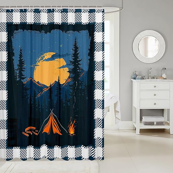 Feelyou Happy Camping Shower Curtain Rustic Farmhouse Style Fabric Shower Curtain for Kids Galaxy Bathroom Waterproof Accessories with 12 Hooks Dark Blue and White Plaid Curtains,72X84 Inches