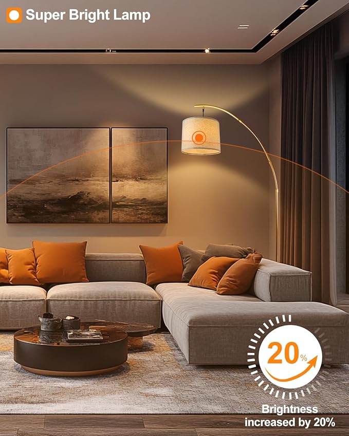 Lightdot Arc Floor Lamps for Living Room, Modern Standing Lamp with Hanging Drum Shade, Tall Standing Floor Lamp with Foot Switch, Over Couch Arched Reading Light for Bedroom, Office (Gold)