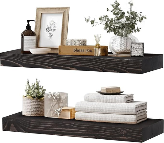 24x8x1.6 inch Floating Shelves Set of 2 – Solid Wood Rustic Black Wall Mounted Shelf for Kitchen, Bathroom, Living Room