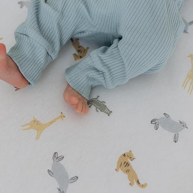 Baby Crib Fitted Sheet, 100% Cotton Knitted Jersey, Fit Standard Crib Mattresses, Fitted Crib Sheets, Super Soft, Toddler Fitted Sheet, Unisex, 2 Pack, Sky Blue,Animal, 28"x52"x9"'