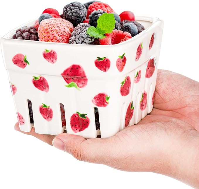 4 Pack Ceramic Berry Basket, Square Fruit Bowls, Kawaii Strawberry Kitchen Bowl Containers, Cute Stoneware Berry Colander Bins for Veggie, Berries, Fruits, Home Decor