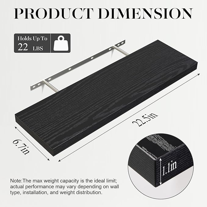 BAYKA Floating Shelves for Wall, 22.5 inches Wall Mounted Rustic Wood Shelves for Bathroom, Bedroom, Living Room, Floating Shelves for Books/Storage/Decor with 22lbs Capacity(Black,Set of 3)