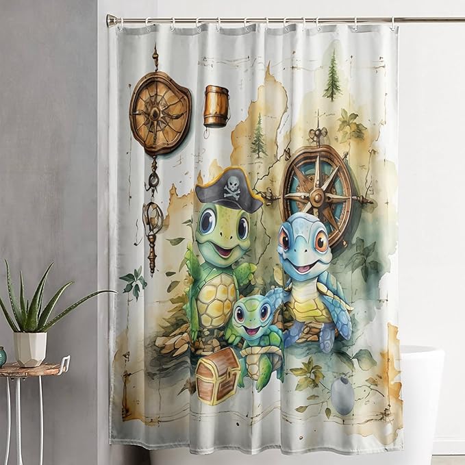 AILONEN Cartoon Sea Turtle Shower Curtain,Kawaii Turtle Bathroom Curtains for Kids,Girls,Nautical Compass Anchor Shower Curtains Set with Hooks for Bathroom,36" W*72" H