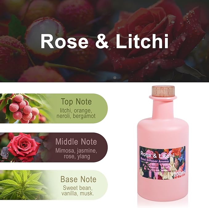 Reed Diffuser Set - Rose & Litchi Essential Oil, 6.8fl oz/200ml Sweet Floral Aroma Scented Oil, Large Capacity Color Bottle, Home Aromatherapy for Bedroom Bathroom Office Shelf Decor
