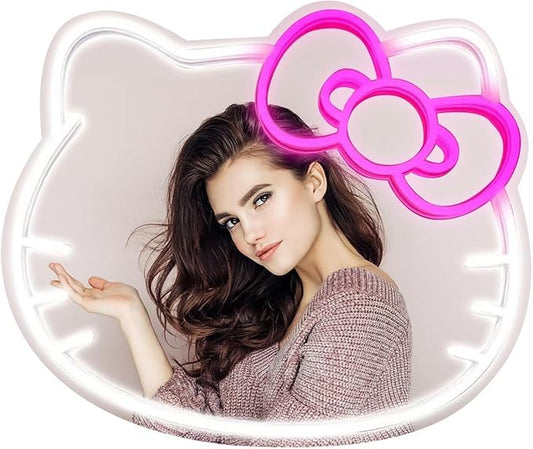 Anime Hello Kit Mirror with light Neon signs for Wall Decor, Neon Mirror with Dimmable for teen girl gift，makeup Mirror neon sign room decor (16.1 * 14 inch)