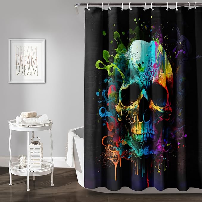 AILONEN Sugar Skull Shower Curtain for Bathroom,Watercolor Skull Bath Curtain Decoration,Minimalism Tie Dye Skeleton Print Waterproof Black Curtain with 12 Plastic Hooks, 72" W*72" H