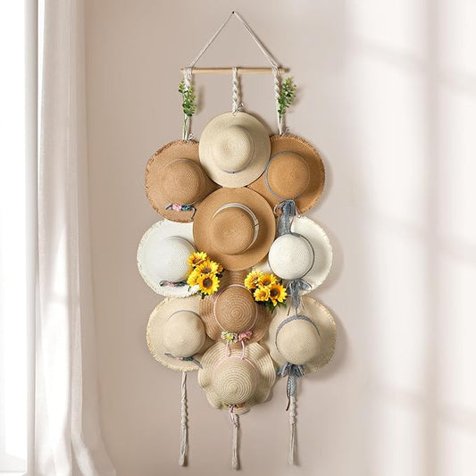 Macrame Hat Hangers for Wall Wide Brimmed Hat Holder Storage 10 Clips Hat Rack Organizer for Wall Display Boho Decor for Fedora Sun Hats Straw Panama Closet Bedroom Gifts for Mom