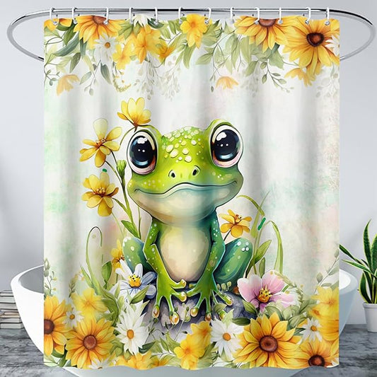 AILONEN Green Frog Shower Curtain,Cute Cartoon Frog Waterproof Fabric Shower Curtain for Bathroom,Beautiful Sunflower Kawaii Tree Frog Shower Curtain Set with Hooks for Kids Boys Girls,60" W*72" H