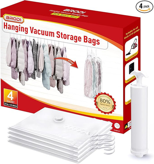 Hanging Vacuum Storage Bags For Clothes With Hand Pump,Coat Storage Bag Hanging,Vacuum Bags For Clothes,Space Saver Vacuum Storage Bags,Garment, Clothing, Dress, Suit, Long Coat, Jacket(Short 4 Pack）