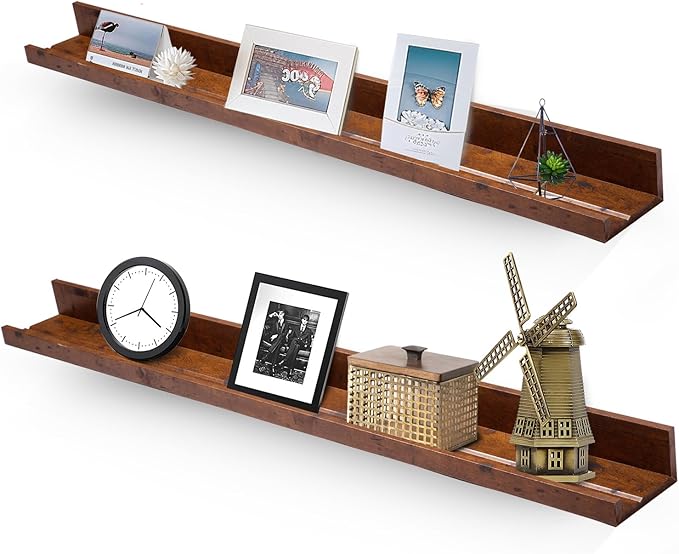 Muzilife 35.4" Large Floating Wall Ledge Shelves with Lip - Set of 2 Rustic Wood Floating Shelves - Honey Brown Wall Mounted Picture Ledge for Office, Bathroom, Bedroom, Living Room, Kitchen