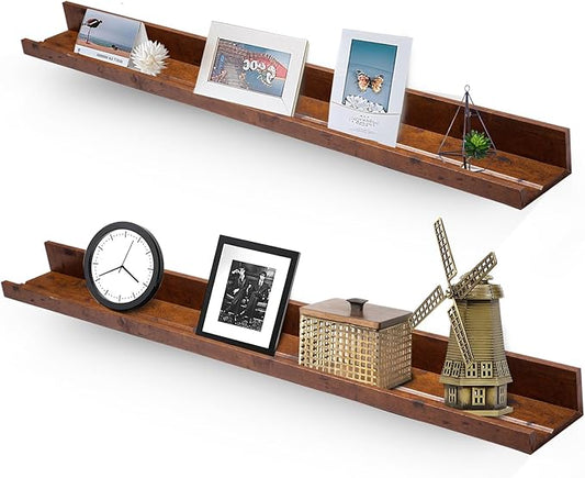 Muzilife 35.4" Large Floating Wall Ledge Shelves with Lip - Set of 2 Rustic Wood Floating Shelves - Honey Brown Wall Mounted Picture Ledge for Office, Bathroom, Bedroom, Living Room, Kitchen